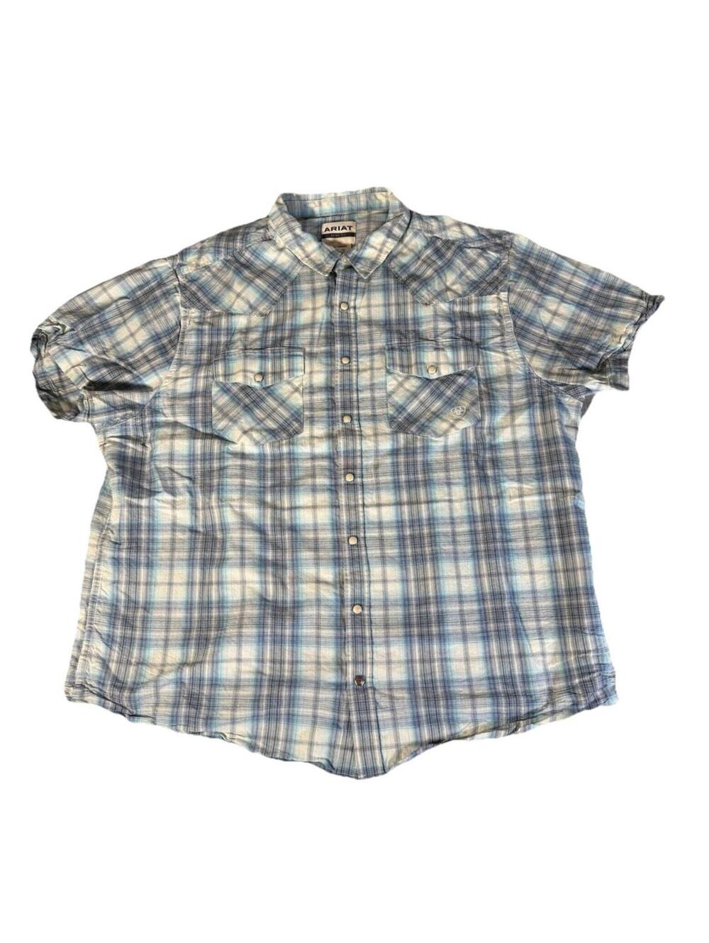 Ariat Pearl Snap Plaid Checkered Short Sleeve Shirt Blue Retro Fit Mens Size 2XL
